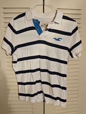 Hollister Men's White Polo with Navy Stripes & Blue Logo